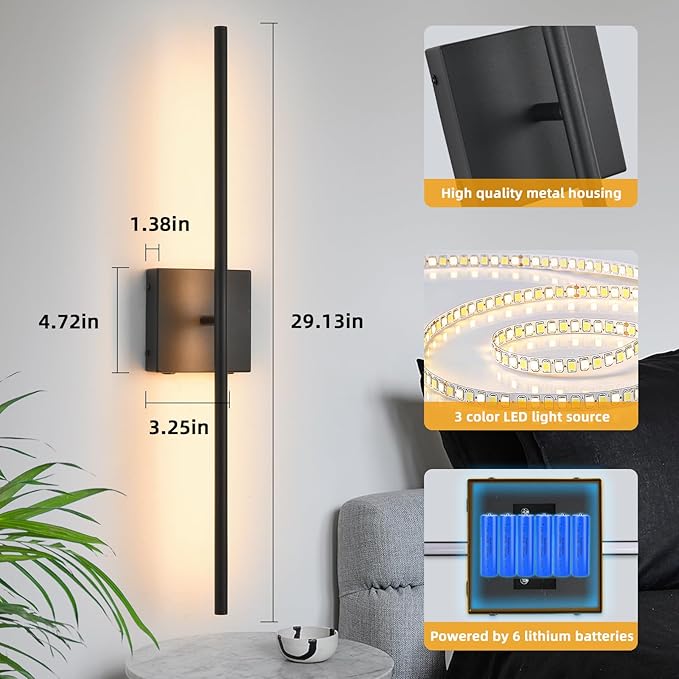Battery Operated Wall Sconces set of 2, 16000mAh Black Rechargeable Wall Sconce with Remote Control, 3000K-6000K Dimmable LED Wireless Wall Light for Living Room, Hallway, Bedroom, Stairs, 29 Inchs - Bloomnest