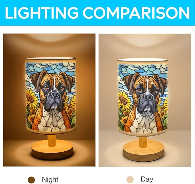 Boxer Table Lamp LED 3-Color Pressed Bedside, Dog Shade Lamp with Wood Base for Bedroom Living Room Desk Office - Bloomnest
