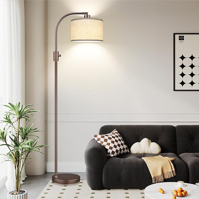 Upgraded Dimmable Floor Lamp, 1200 Lumens LED Bulb Included, Bronw Arc Floor Lamp with Linen Shade for Living Room, Bedroom, Reading Room, Nursery - Bloomnest