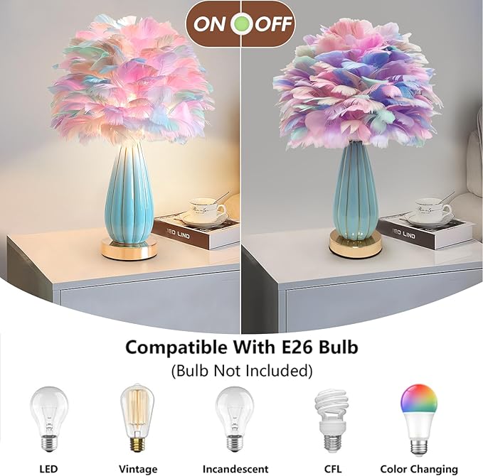 Colorful Feather Lamp Modern Fuzzy Table Lamp Romantic Rainbow Bedside Lamp Nordic Fluffy Princess Nightstand Light for Girl Bedroom Living Room Entry Office Wedding Decor Christmas Gift - Bloomnest