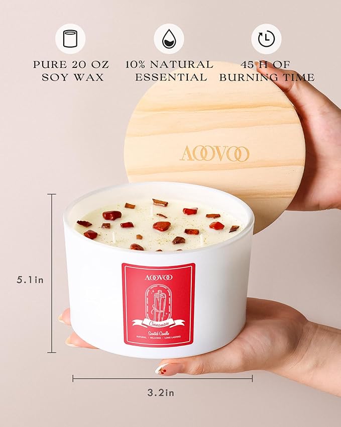 AOOVOO Apple Cinnamon Scented Candles for Women - 20oz 3 Wick Soy Candles for Home Scented, Aromatherapy Candle with Crystals Inside, Birthday Gifts Christmas Candle for Women Mom - Bloomnest