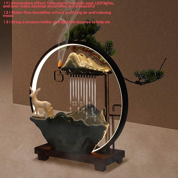 15In Water Fountains Indoor Tabletop Waterfall Humidifier with LED Light and Atomizer Mist, Japanese Zen Decor Meditation Fake Plants Bonsai Feng Shui Decor Festival Birthday surprise Good Luck Wealth - Bloomnest