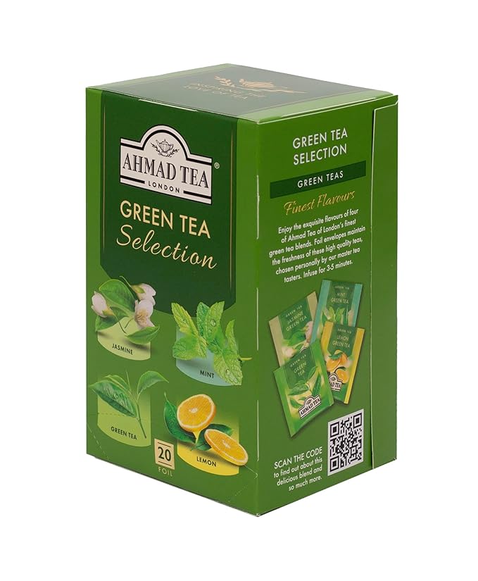 Ahmad Tea Green Tea, Green Tea Selection, Lemon Green Tea, Jasmine Green Tea, Mint Green Tea, & Green Tea Teabags, 20 ct (Pack of 1) - Caffeinated & Sugar-Free - Bloomnest