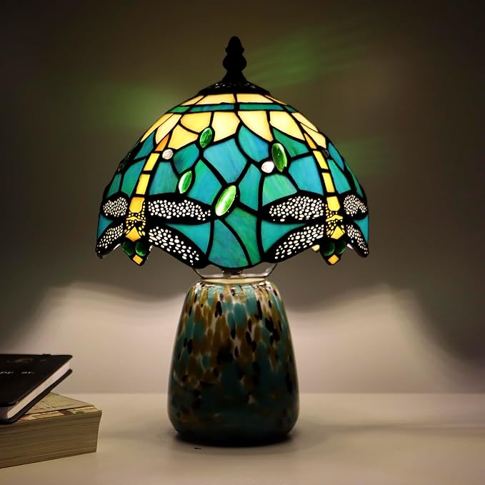Tiffany Mushroom Table Lamp Dragonfly Style Blue Yellow Stained Glass Accent Lamp Brown Blue Glass Base 8X8X12 Inch - Bloomnest