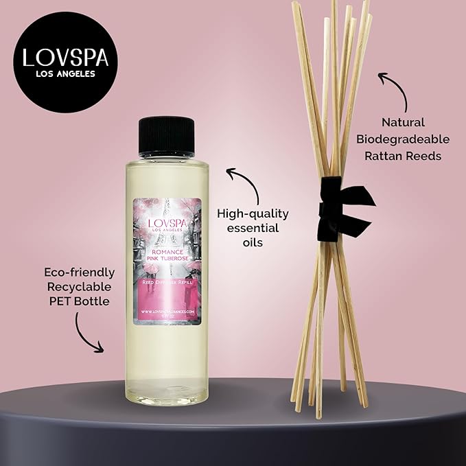LOVSPA Romance Pink Tuberose Diffuser Oil - Luxury Essential Oils for Diffuser Refill & Air Freshener Room Spray - Long-Lasting & Natural Home Fragrance, Scented Oil for Diffusers, USA Made, 4oz - Bloomnest