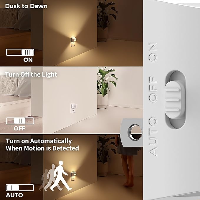 DORESshop LED Night Light[2 Pack], Night Lights Plug into Wall, 3 Mode Plug in Night Light with Motion Sensor, Dusk to Dawn Sensor, Nightlights for Adults, Bedroom, Bathroom, Hallway, White Cover - Bloomnest