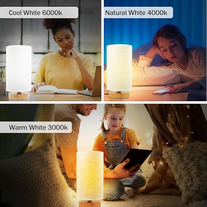 3-Color Adjustable Bedside Table Lamp for Bedroom,Minimalist Wood Base&Round Fabric Shade,Cozy Lighting Nightstand Boho Lamp,Study Reading Desk Night Stand Light for Living Room,Office,kitchen,Nursery - Bloomnest