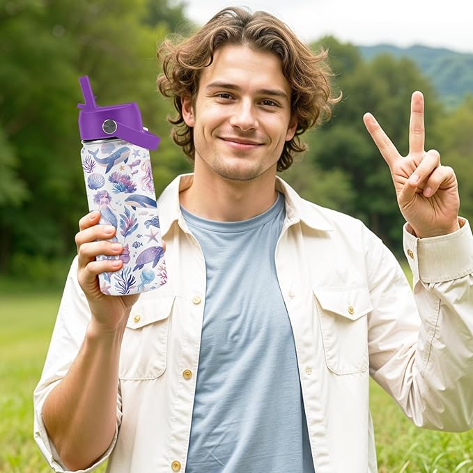 Ocean Gifts for Kids - 16 Oz Purple Water Bottle with Straw Lid, Stainless Steel Insulated Tumbler, Leak Proof, BPA-Free, for Girls & Boys, School, Beach - Marine Life Lovers Birthday Gifts (1pc) - Bloomnest