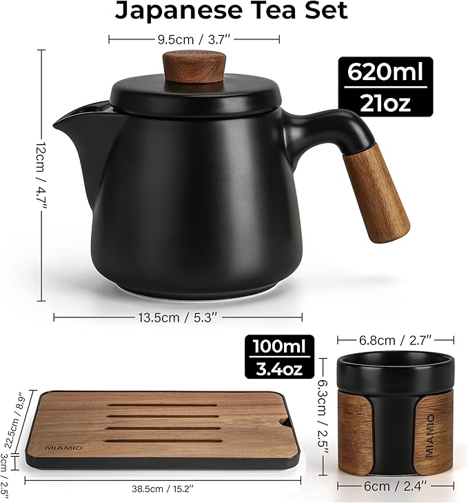 MIAMIO - Japanese/Chinese Tea Set 6 x 3.4 oz/Asian Tea Pot 21 oz with Tea Infuser, Traditional Japanese Tea Cups Set for Tea Lovers/Men/Women (Black) - Bloomnest