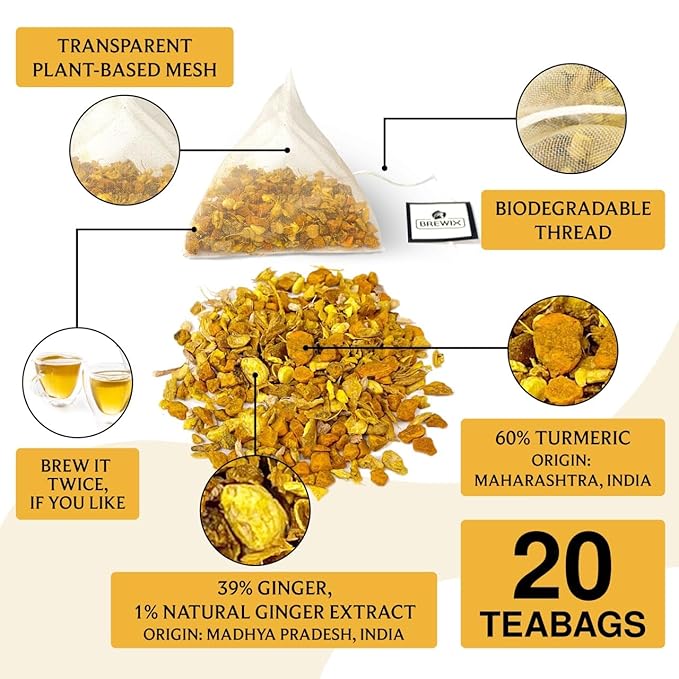 BREWIX, Turmeric Ginger Herbal Tea Bags (20 Pyramid Tea Bags) Real Ingredients From India, Naturally Caffeine Free | Pure Herbal Blend | Packed in Resealable Ziplock Pouch - Bloomnest