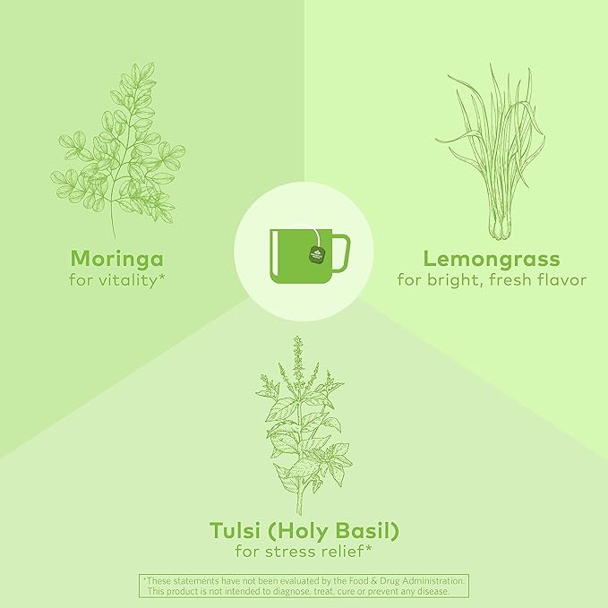 ORGANIC INDIA Tulsi Moringa Tea Bags - Holy Basil, Lemongrass, Moringa Leaves, Stress Relieving & Nourishing, Immune Support Tea, Vegan, Certified Organic, Caffeine-Free - 18 Infusion Bags, 6 Pack - Bloomnest