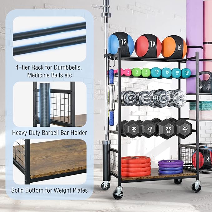 PLKOW Dumbbell Rack, Weight Rack for Dumbbells, Home Gym Storage for Dumbbells Kettlebells Yoga Mat and Balls, All in One Workout Storage with Wheels and Hooks, Powder Coated Finish Steel - Bloomnest