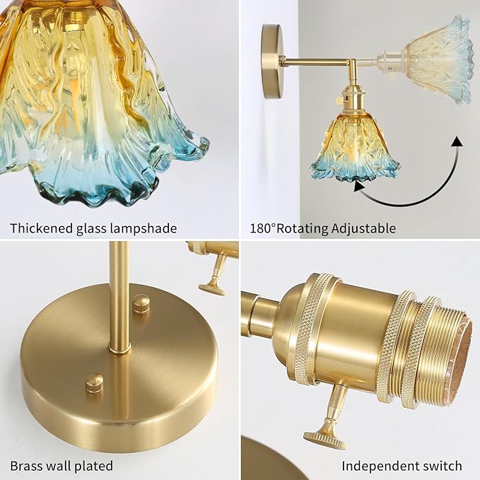 Vintage Wall Sconces, Cabbage Yellow Lampshade & 180 Degree Adjustable, Brass Wall Lights, for Bedroom Living Room Hallway Aisle, Bulbs Not Included, ETL Listed - Bloomnest