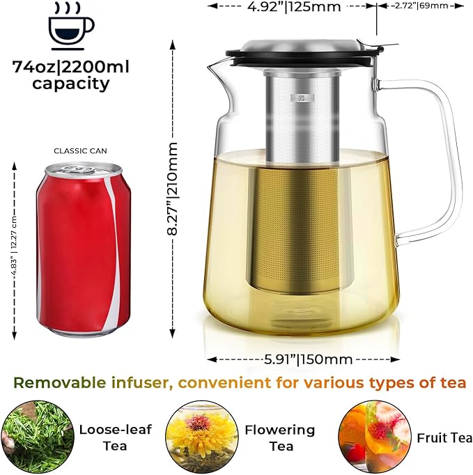 Aquach Glass Teapot with Removable Infuser - 74oz Borosilicate Tea Pot for Stovetop & Cold Brew, Stainless Steel Filter for Loose Leaf/Iced Tea - Bloomnest