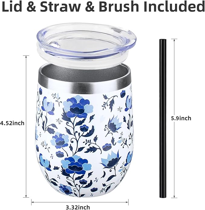 12 oz Insulated Wine Tumbler with Lid and Straw,Stainless Steel Stemless Wine Tumbler Glasses Double Wall Vacuum Wine Cups Tumbler Bulk for Coffee,Cocktail,Office (Blue and White Porcelain,8) - Bloomnest