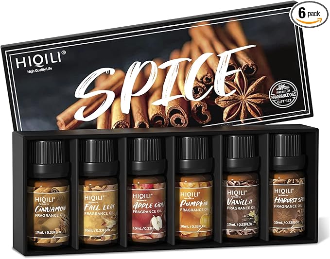 HIQILI Spice Fragrance Oil, Scented Oil 6x10ml for Candle Making Soap Slime, Fall Essential Oils for Diffuser Home, Cinnamon Pumpkin Vanilla Apple Cider Harvest Spice Fall Leaf, Christmas - Bloomnest