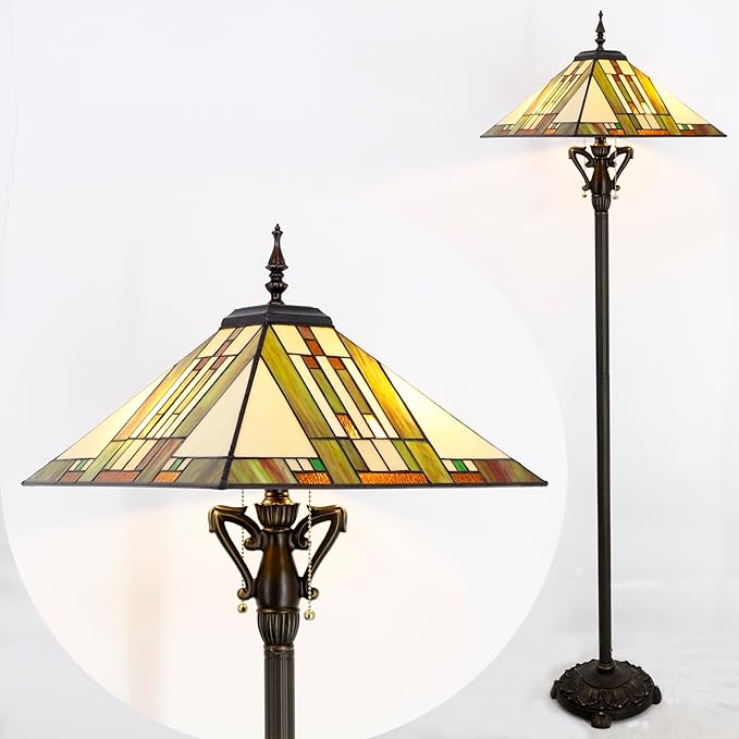 Tiffany Floor Lamp Blue White Brown Mission Style Stained Glass Standing Reading Light 16X16X64 Inch - Bloomnest