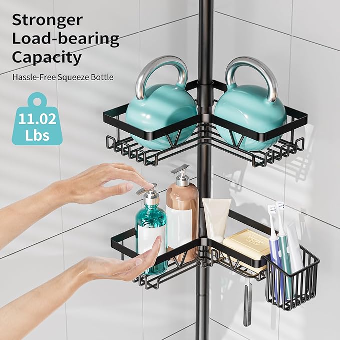 KEGII Shower Caddy Corner Tension Pole with Toothbrush Holder - Adjustable Corner Shower Organizer with Tooth Brush Holder, No Drilling Rustproof Bathroom Shelf Storage Rack, Fits 25-114.2 Inch - Bloomnest