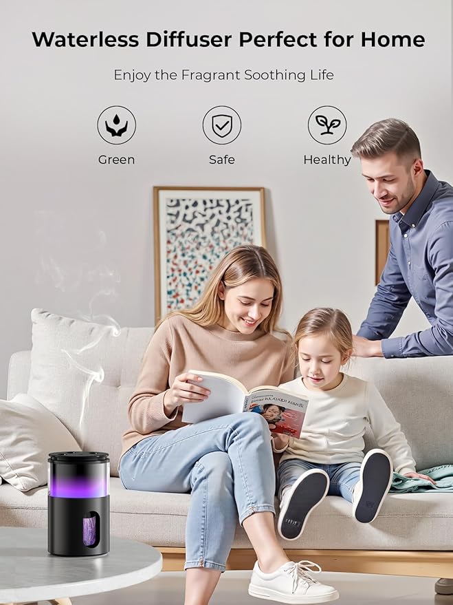 Waterless Diffuser for Essential Oil: Mini Battery Scent Diffuser for Room&Home&Car with 9 Colors LED Light - Aroma Cool Mist Machine Purple Black - Bloomnest