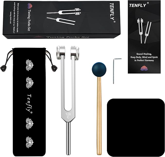 128 Hz Tuning Fork Weights Aluminum Clinical Grade Nerve/Sensory with Black Silicone Hammer, Cleaning Cloth and Felt Case, Non-Magnetic Aluminum Alloy - Bloomnest