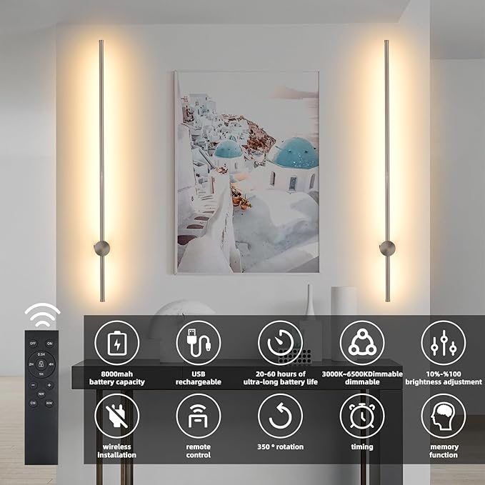 Battery Operated Wall Sconces with Remote, Dimmable 3000K-6000K/Timer/Memory LED Wall Lamp, 350°Rotate, USB Rechargeable Wireless wall lights for Living Room, Bedroom Brushed Nickel 39.3" (2 Pack) - Bloomnest
