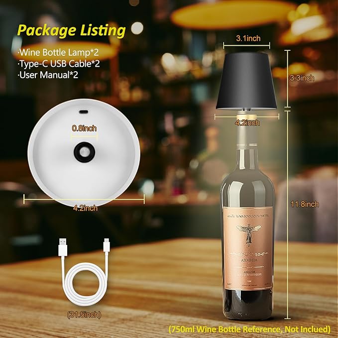 2025 New Wireless Bottle Lamp - LED Bottle Lights for Liquor & Wine Bottles, Cordless Lampshade, Whiskey Bottle Top Light, Bottle Stopper Night Light Kit, Rechargeable 3-Tone Touch-Dimmable 2 PCS - Bloomnest