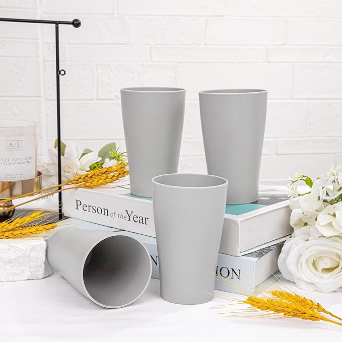 EI Wheat Straw Cups 8pcs Grey Plastic Reusable Cups for Kitchen Unbreakable Plastic Drinking Glasses for Water, Coffee, Juice, Tea - Bloomnest