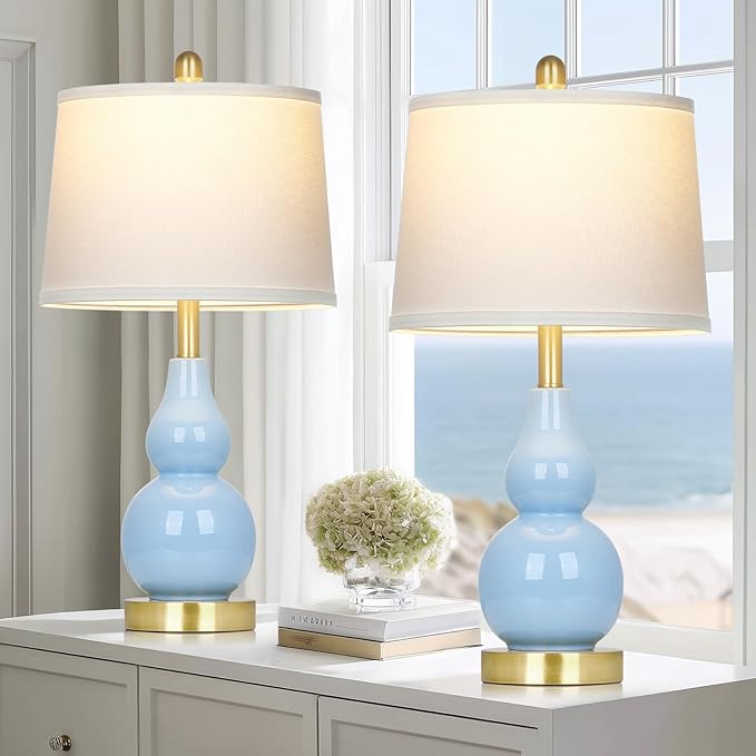25" Modern Ceramic Table Lamps Set of 2, Blue Double Gourd Ceramic Lamps for Living Room, Coastal Farmhouse Rustic Bedside Nightstand Nautical Lamps for Bedrooms Home Office Dorm(2 LED Bulbs Included) - Bloomnest