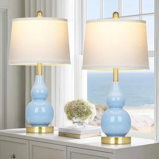25" Modern Ceramic Table Lamps Set of 2, Blue Double Gourd Ceramic Lamps for Living Room, Coastal Farmhouse Rustic Bedside Nightstand Nautical Lamps for Bedrooms Home Office Dorm(2 LED Bulbs Included) - Bloomnest