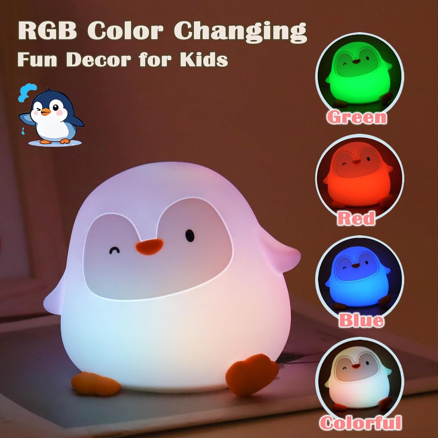 Penguin Night Light with Squishy Soft Silicone, RGB Flashing Color, Dimmable Rechargeable Portable Touch Penguin Gifts Decor for Girls Boys