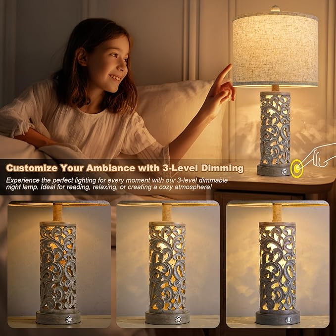 22" Dual Light Table Lamps Set of 2, Touch Lamp with 3-Level Dimming, Lamps for Bedroom with USB A+C Charging Ports, Farmhouse Lamps for Living Room and Night Stands - Bloomnest