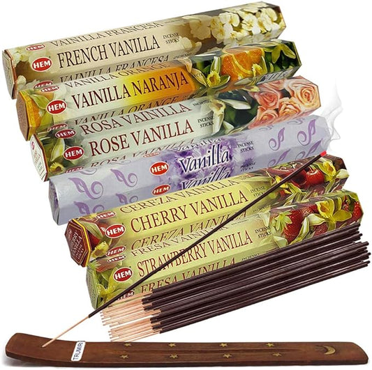 Hem Incense Sticks Variety Pack #18 and Incense Stick Holder Bundle with 6 Vanilla Fragrances - Bloomnest