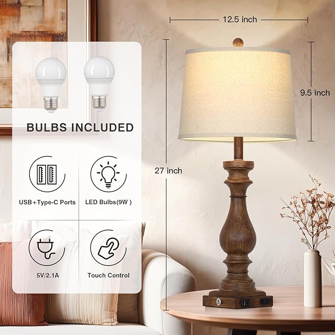29" Tall Farmhouse Table Lamp for Living Room Set of 2,Vintage Retro Nightstand Lamps with USB C+A Ports & AC Outlet,3-Way Dimmable Touch Bedside Lamp for Bedroom Side Table,Brown - Bloomnest