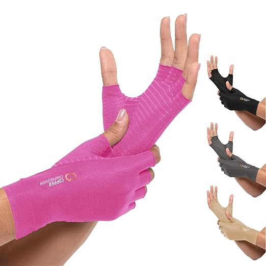 Copper Compression Arthritis Gloves | Fingerless Arthritis Carpal Tunnel Pain Relief for Men & Women | Hand Support Wrist Brace for Neuropathy, Rheumatoid, Tendonitis, Swelling, Crocheting, Typing Pink M - Bloomnest