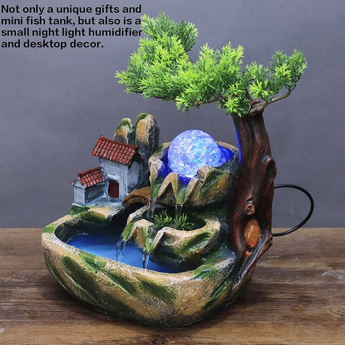 Small Bonsai Humidifier Mini Tabletop Waterfall Fountain with LED Color Night Light and Atomizer, Desktop Water Fountains Indoor Home Decor or Festival Birthday Gift for Girls Boys, 10 Inch - Bloomnest