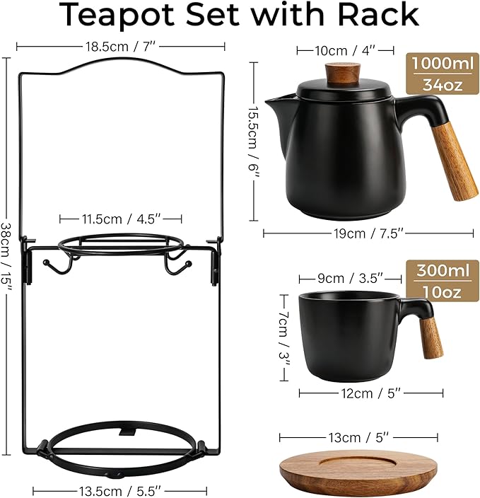 MIAMIO – 34 Oz Ceramic Tea Pot Set with Infuser and Cups/Tea Strainer, 4 Ceramic Tea Mugs (10 Oz), Bamboo Saucers/Handle for Home and Office (Black) - Bloomnest