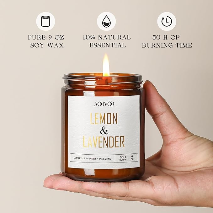 AOOVOO Lemon Lavender Scented Candle - Lavender, Soy Wax, Aromatherapy, 9oz - Bloomnest