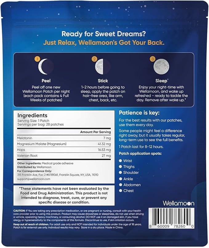Wellamoon Original Sleep Patches for Adults Extra Strength | Easy-to-Apply Sleep Patch with Melatonin & Valerian |  Long-Lasting Night Comfort for Men & Women | 28 Patches - Bloomnest