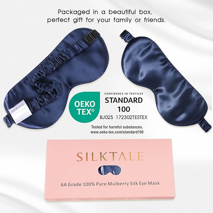 Mulberry Silk Blackout Adjustable Sleep Eye Mask for Men/Women Travel Plane,Navy Blue - Bloomnest