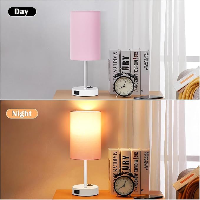 ZJOJO Table Lamp for Bedroom Set of 2, Bedside Small Lamps with 3 Way Dimmable Rocker Switch and AC Outlet, Nightstand Desk Lamp with Pink Fabric Shade White Base for Living Room Home Decor Lights - Bloomnest