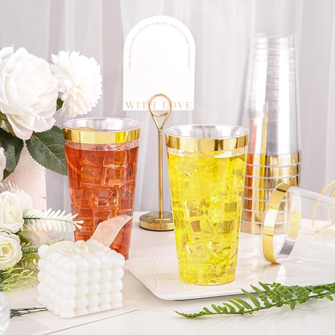 I00000 16 oz Gold Plastic Cups, 50 Pack Clear Plastic Cups Tumblers Gold Rimmed Disposable Cup, Heavy-duty Disposable Cup Perfect for Halloween, Thanksgiving and Christmas Parties - Bloomnest