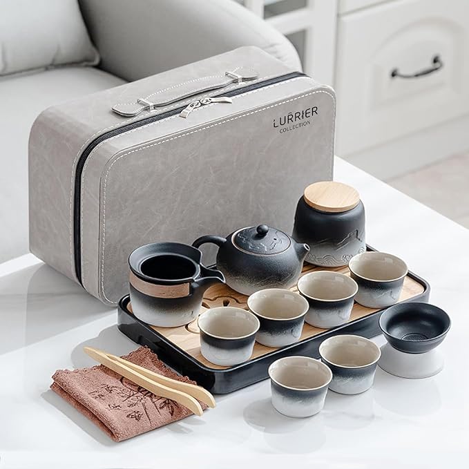 LURRIER Gongfu tea sets, Portable Ceramic TeaSet, Asian Tea sets for adult, Tea Gift sets, Grey leather case, Portable Travel Bag,Home,Gifting,Outdoor and Office(XBlack and White) - Bloomnest