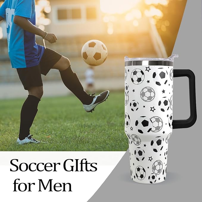 Ceovfoi 40 oz Soccer Coffee Mug Cup Vacuum Insulated Travel Tumbler with Handle Lid and Straw,Soccer Coach Gifts,Football Accessories Stuff - Bloomnest