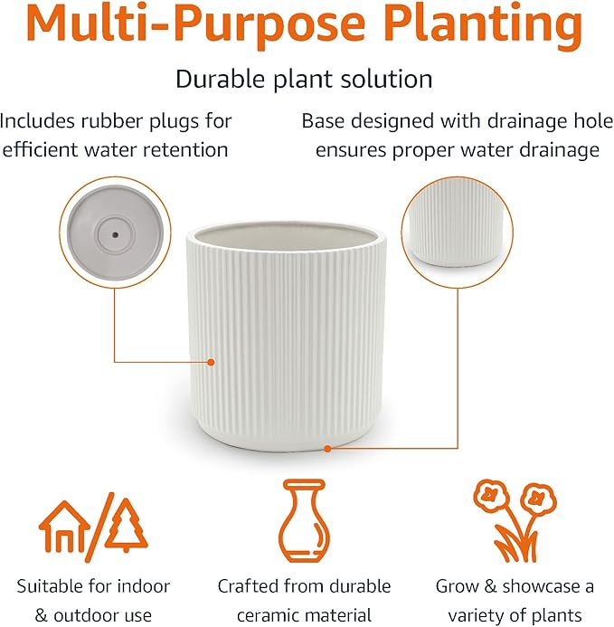 Amazon Basics Fluted Ceramic Round Planter, 10 in, White - Bloomnest