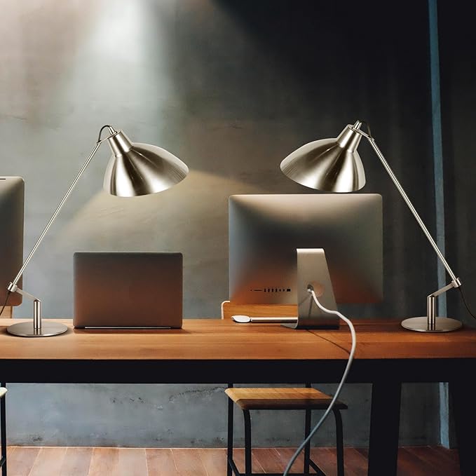 Desk Lamp Modern Industrial 100% Metal Table Lamp 22", Soft White Light (3000K) with Adjustable Switch, Ideal for Office Bedroom Study Room Living Room Nightstand Bedside Lamps Nickel - Bloomnest