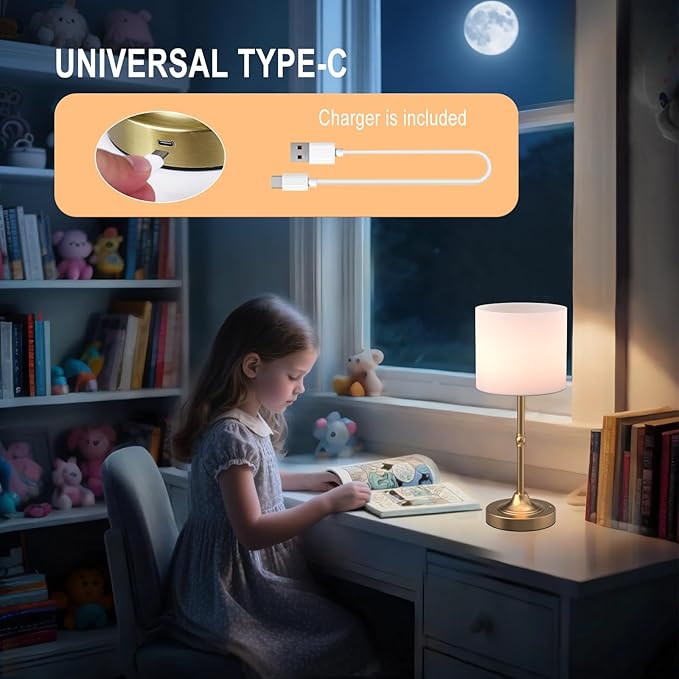 Portable Cordless Table Lamp,Built-in 5200mAH Rechargeable Battery, Dimmable Touch Wireless Light, Bed Side Metal Desk Lamp，Restaurant/Bedroom/Bar/Coffee/Night Light (Antique Brass) - Bloomnest