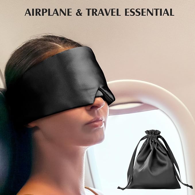 YFONG 100% Mulberry Silk Sleep Mask, Total Blackout Eye Mask for Women & Men, 22 Momme 6A Grade Silk with Adjustable Band Designed for Side Sleeper Black - Bloomnest