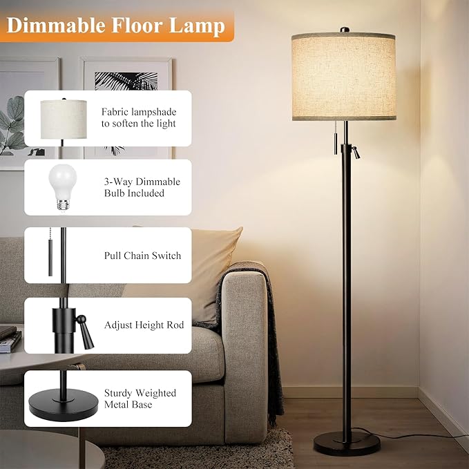 Adjustable Height Floor Lamp for Living Room, Black Standing Lamp for Bedroom Office, Modern Tall Lamp with Linen Shade, 3-Way Dimmable 8W 3000K LED Blub Included (Black) - Bloomnest
