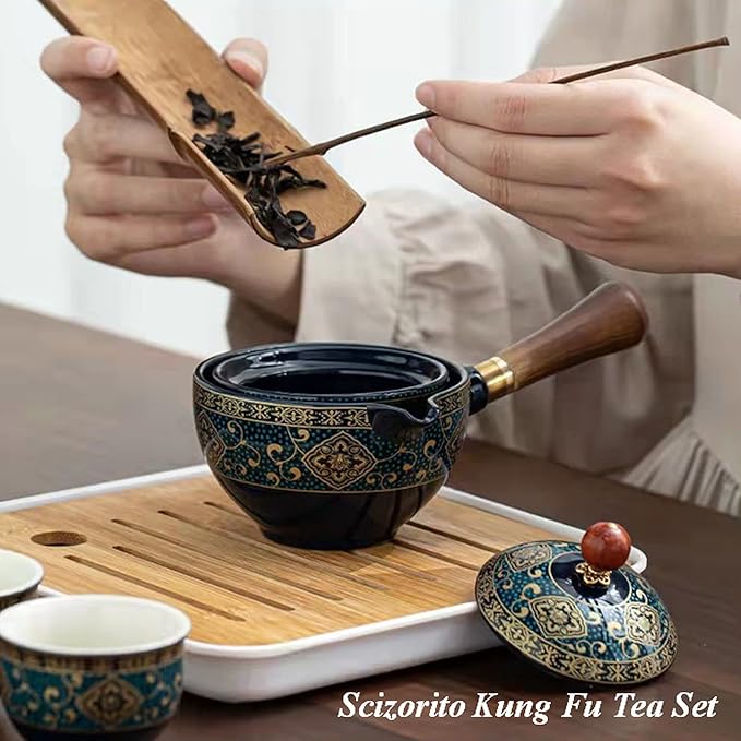 Ceramic Portable Travel Tea Set, Chinese Kungfu Tea Set with 360 Rotation Teapot and Infuser, 4 Tea Cups, Tea Tray And Travel Bag (Floral Blue)