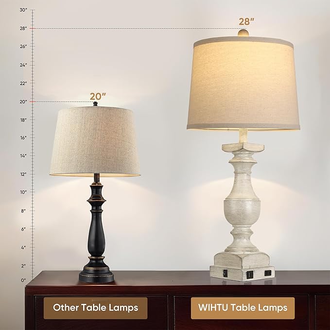 Farmhouse Table Lamp Set of 2, 28'' Bedside Lamps with USB A+C Port, Traditional Nightstand Lamps for Room, Vintage Table Lamp, Desk Lamp for Bedroom, Beige Lampshade, Rocker Switch, Bulb Included - Bloomnest